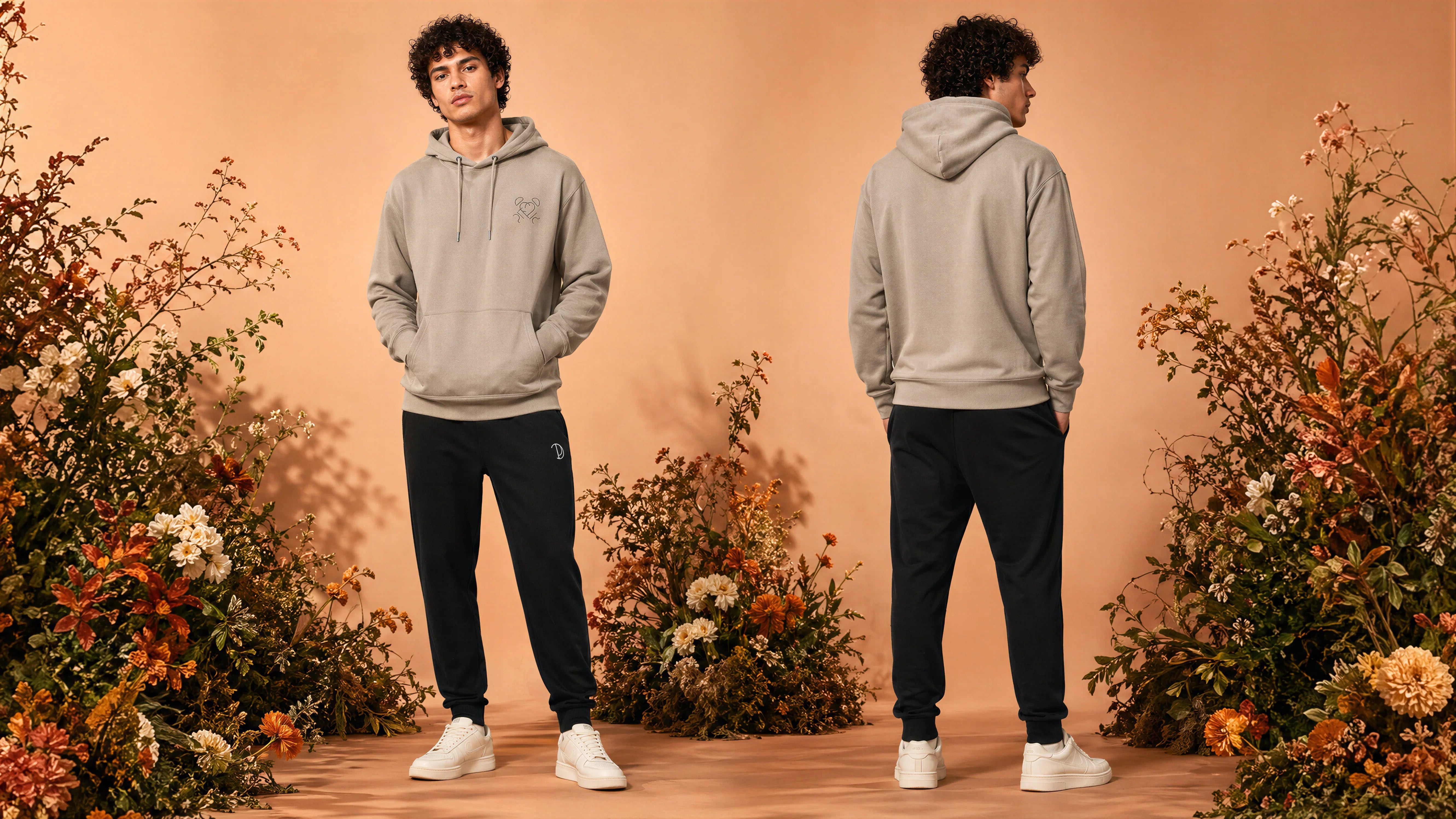 Man wearing a gray hoodie and black pants standing in front of floral arrangements on a peach-colored background